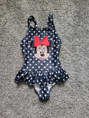 Disney Minnie Mouse Navy and White Polka Dot Girls Swimsuit with Red Bow Accent